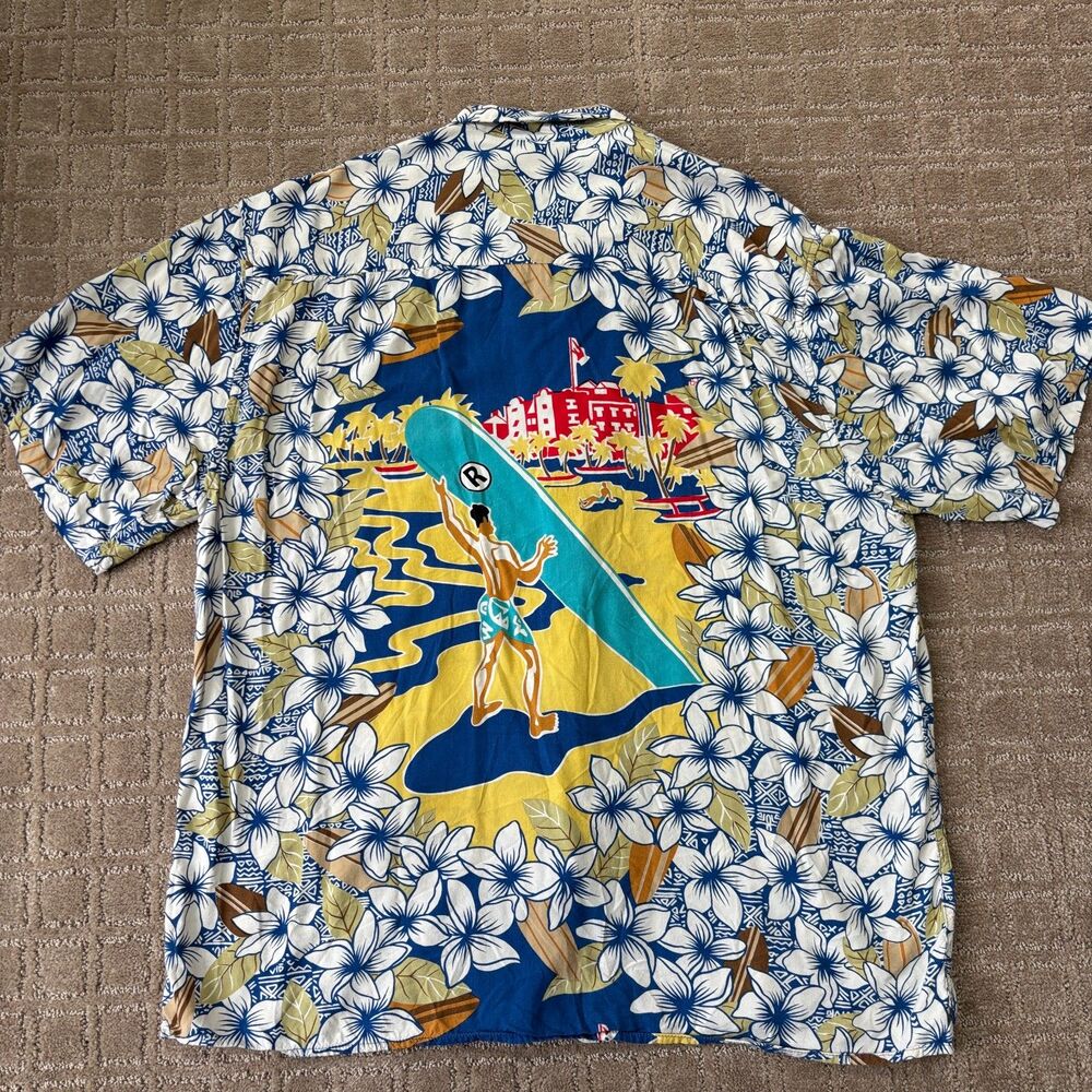 Reyn Spooner Surfer Hawaiian Shirt Mens L Hibiscus Flowers Surf Board Tan Blue